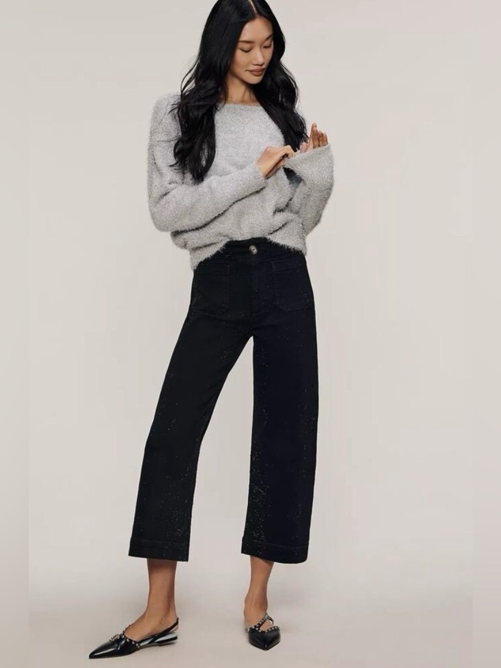 Anthropologie Maeve The Colette Sparkle Crop High-Rise Wide-Leg Jeans black 30
